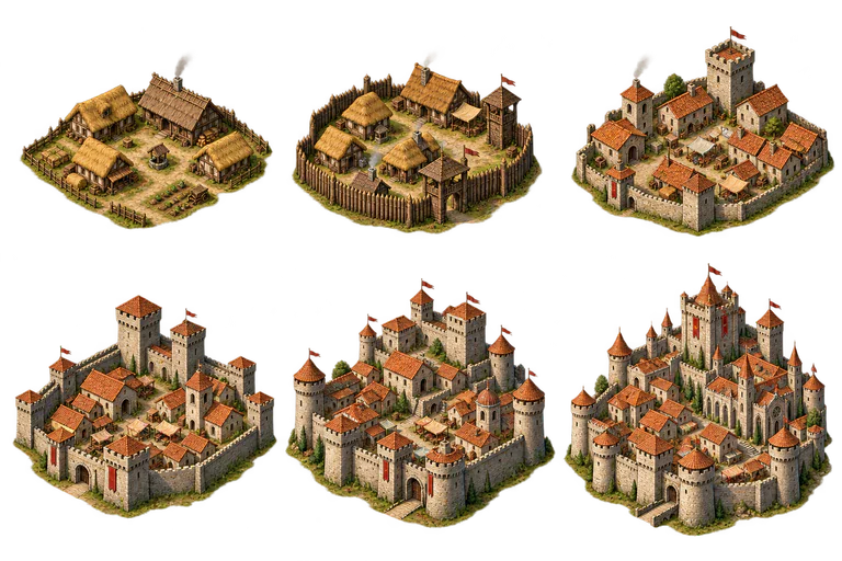 Evolução de uma aldeia no mapa, de povoado com paliçada até grande fortaleza