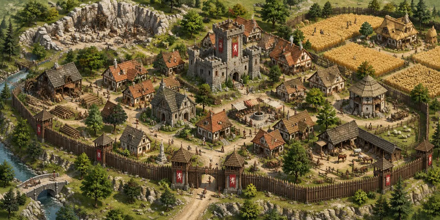 Ilustração de uma aldeia medieval do Marca com castelo, casas, campos e paliçada